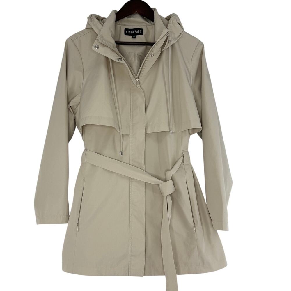 Centigrade Hooded Belted Tan/Beige Trench Coat L
